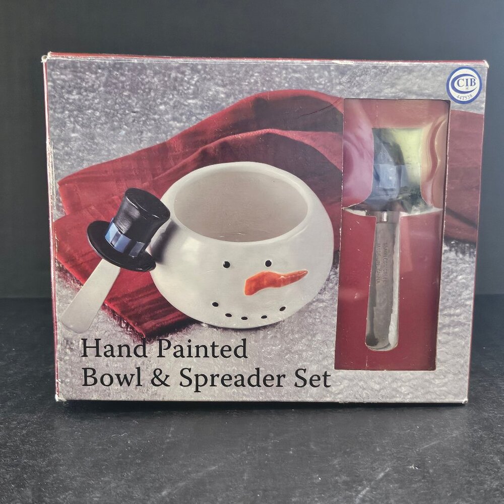 CIB Hand Painted Snowman Bowl and Spreader Set New Old Stock Christmas Dip Bowl
